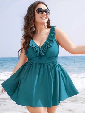 GUC BloomChic Teal Ruffle Trim V-Neck One Piece Swim Dress Size 1X